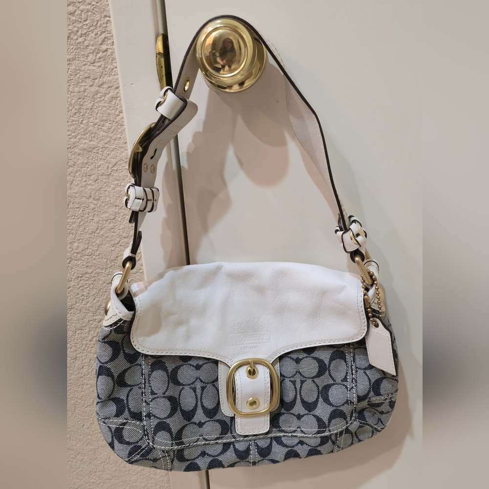 Coach Bleecker Signature Canvas Shoulder Bag with White Leather Flap